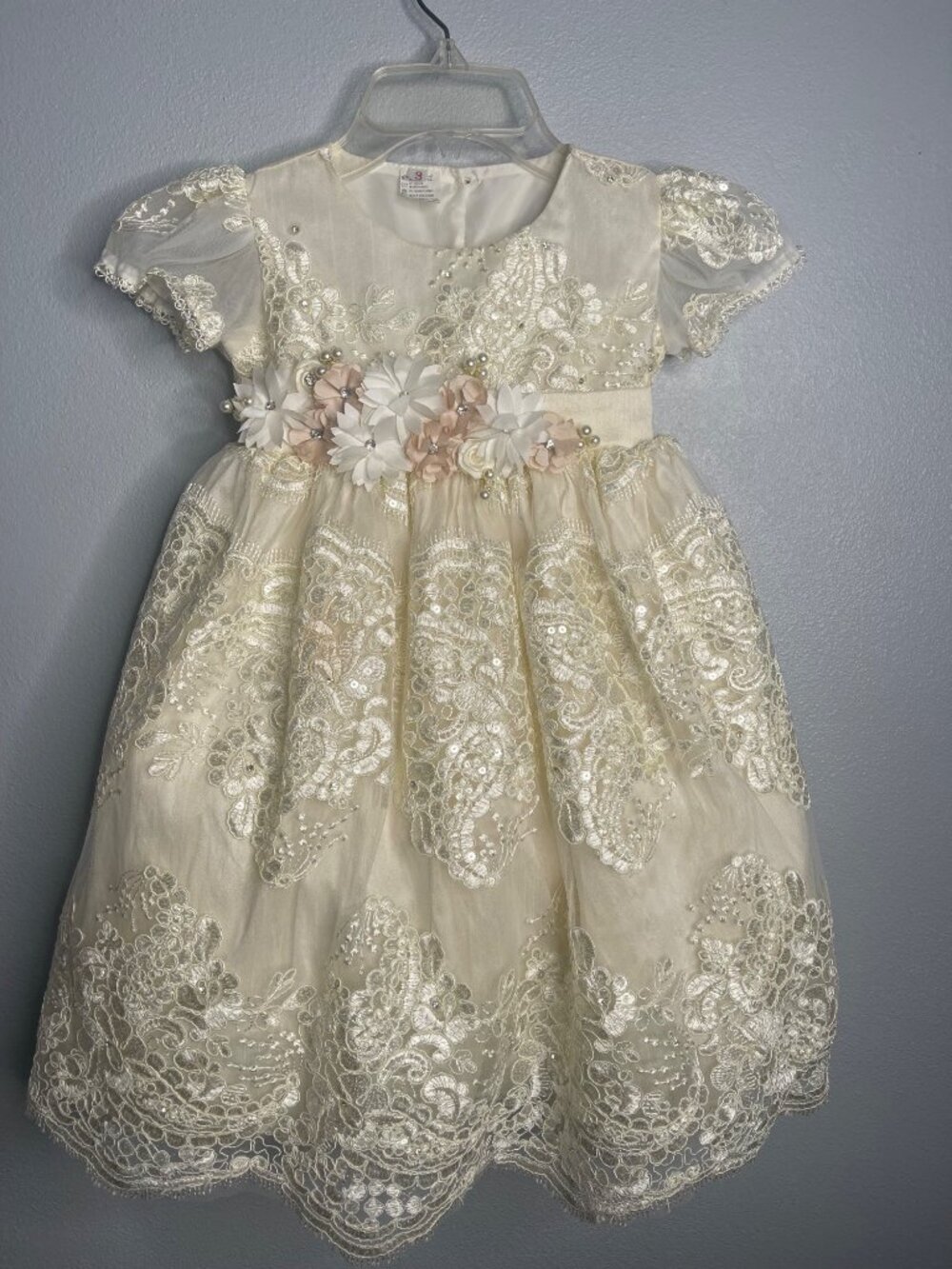 Fancy Flower Girl Toddler 3 Christening Wedding Lacy Dress Baptism Party Ivory